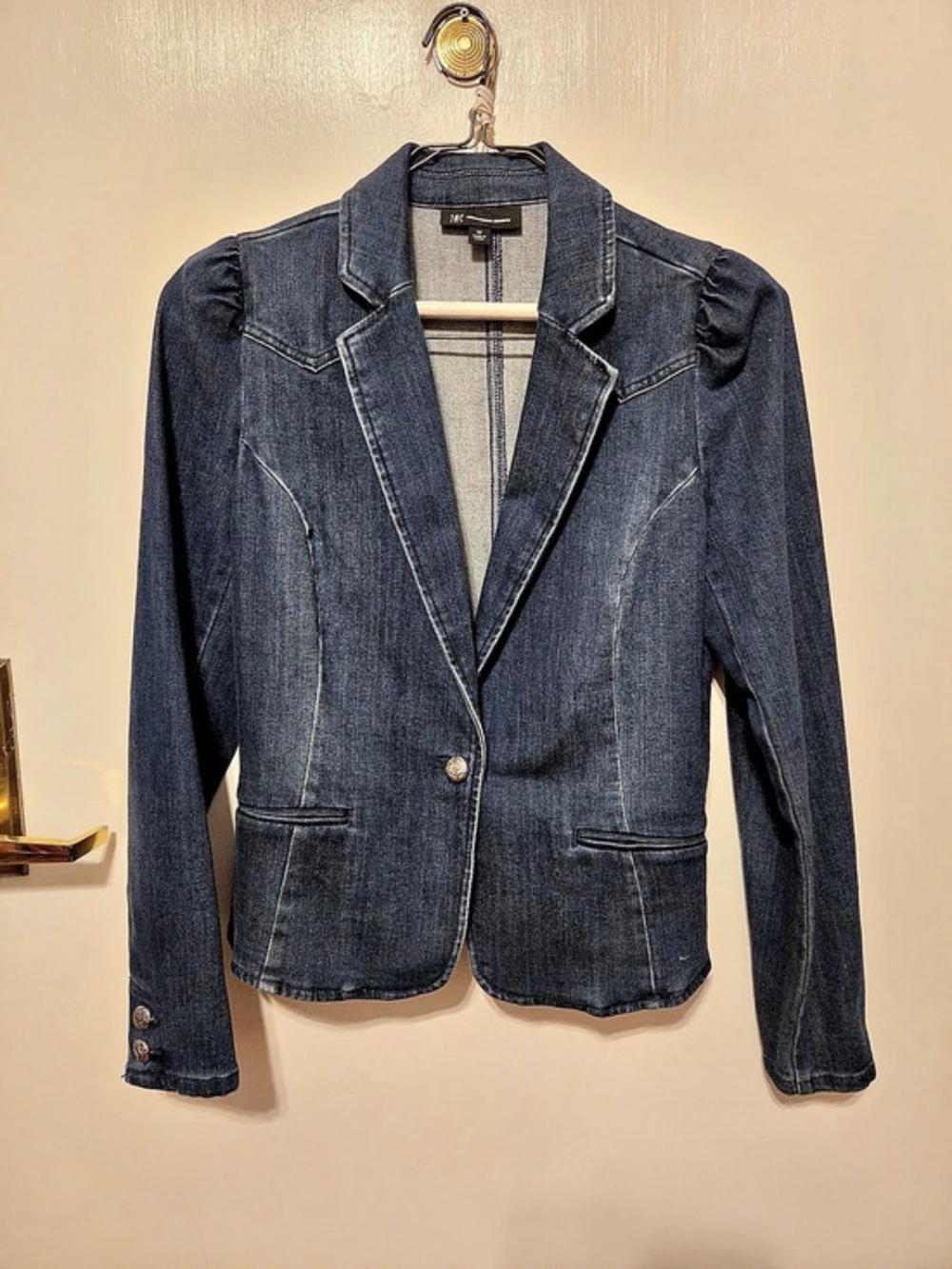 INC International Concepts Puff-Sleeve Denim Blazer Blue